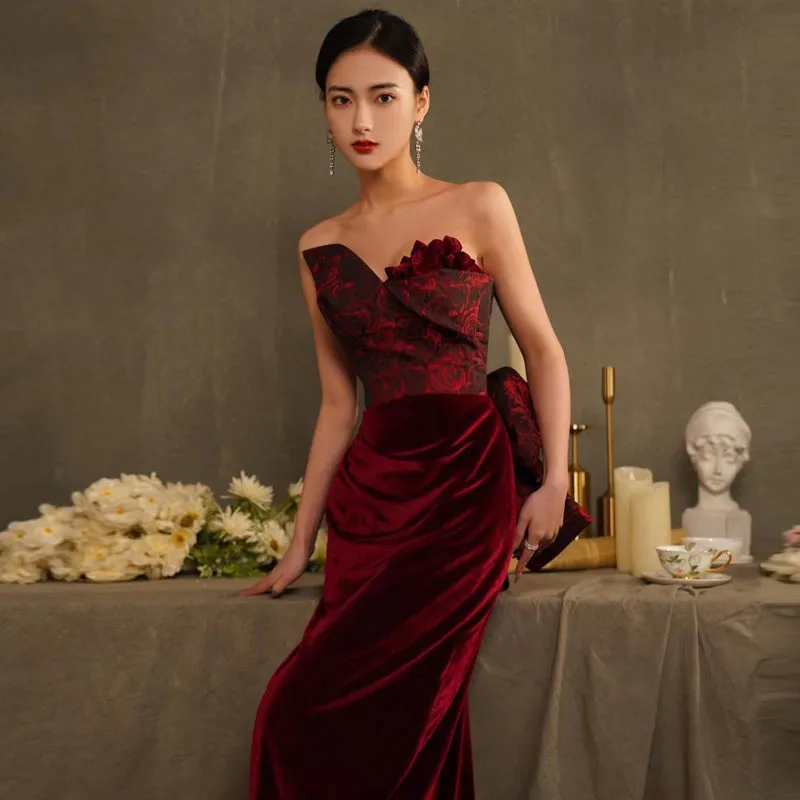 Retro Burgundy Rose Velvet Mermaid Evening Dress Sheath Long Prom Dress 183