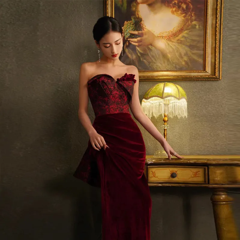 Retro Burgundy Rose Velvet Mermaid Evening Dress Sheath Long Prom Dress 183