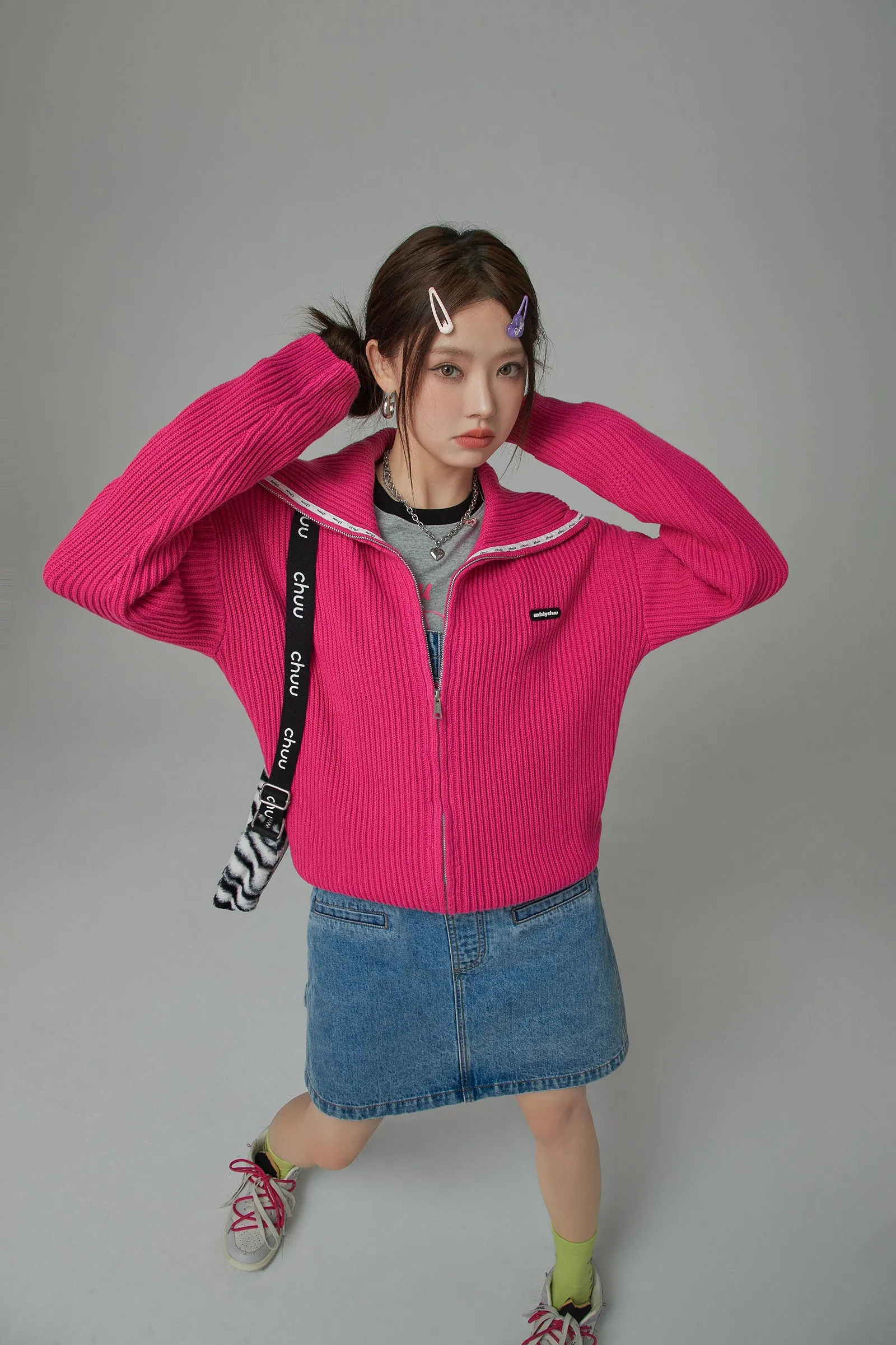 Ribbed Zip-Up Knit Cardigan