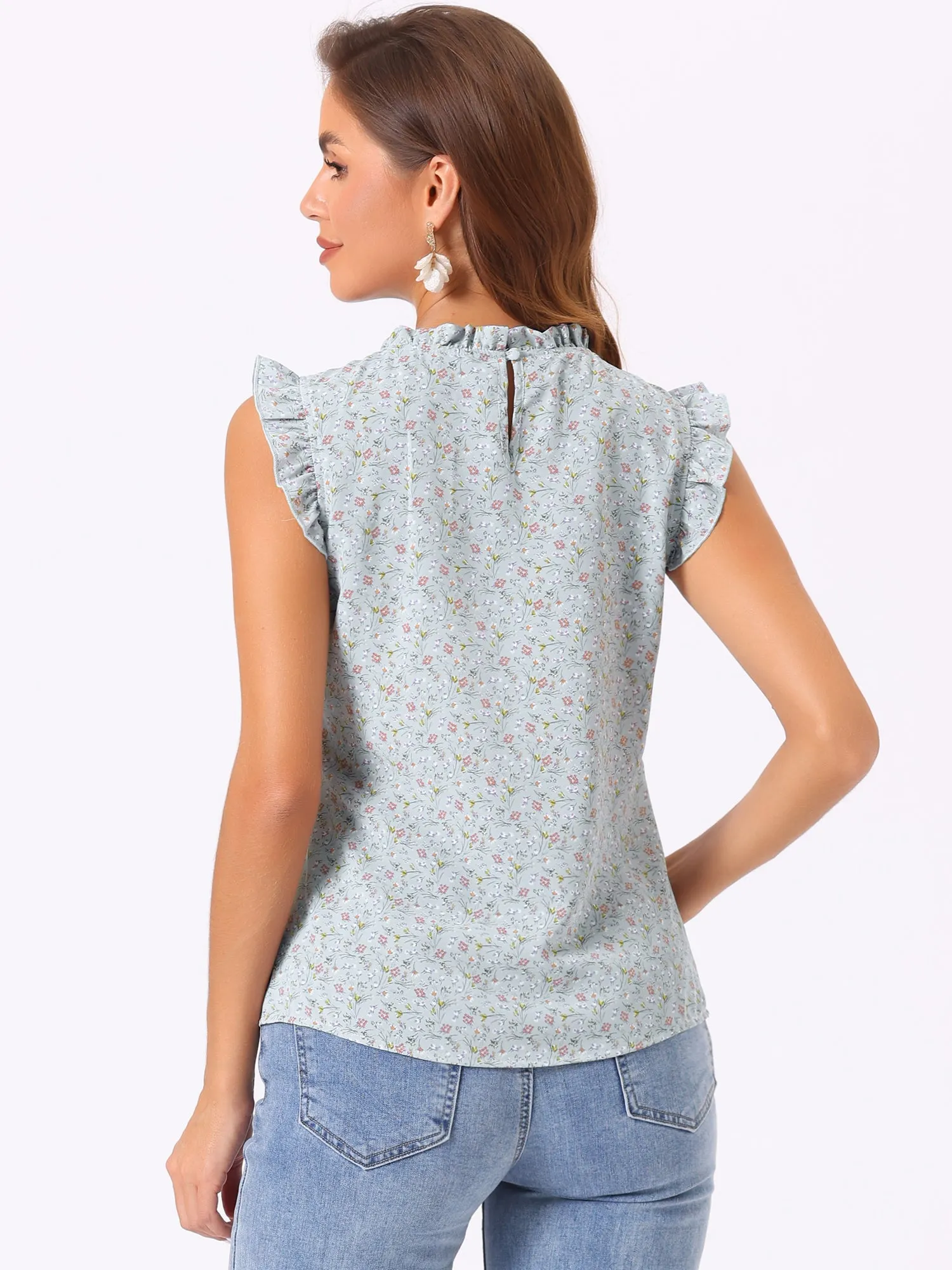 Ruffled Floral Casual 1950s Retro Sleeveless Blouses