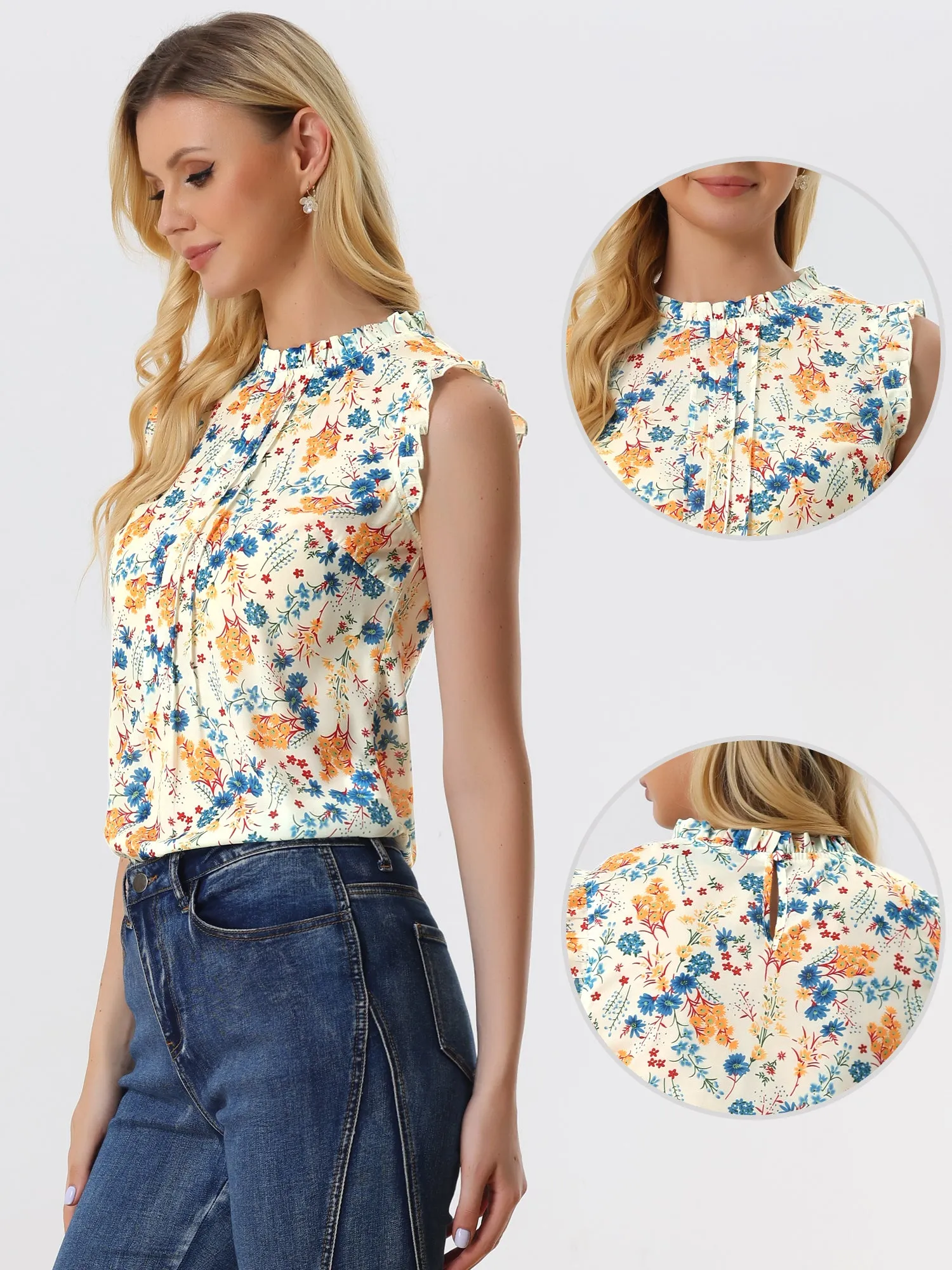 Ruffled Floral Casual 1950s Retro Sleeveless Blouses