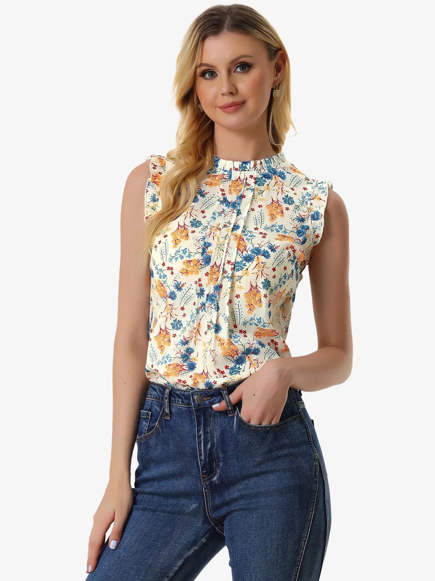 Ruffled Floral Casual 1950s Retro Sleeveless Blouses