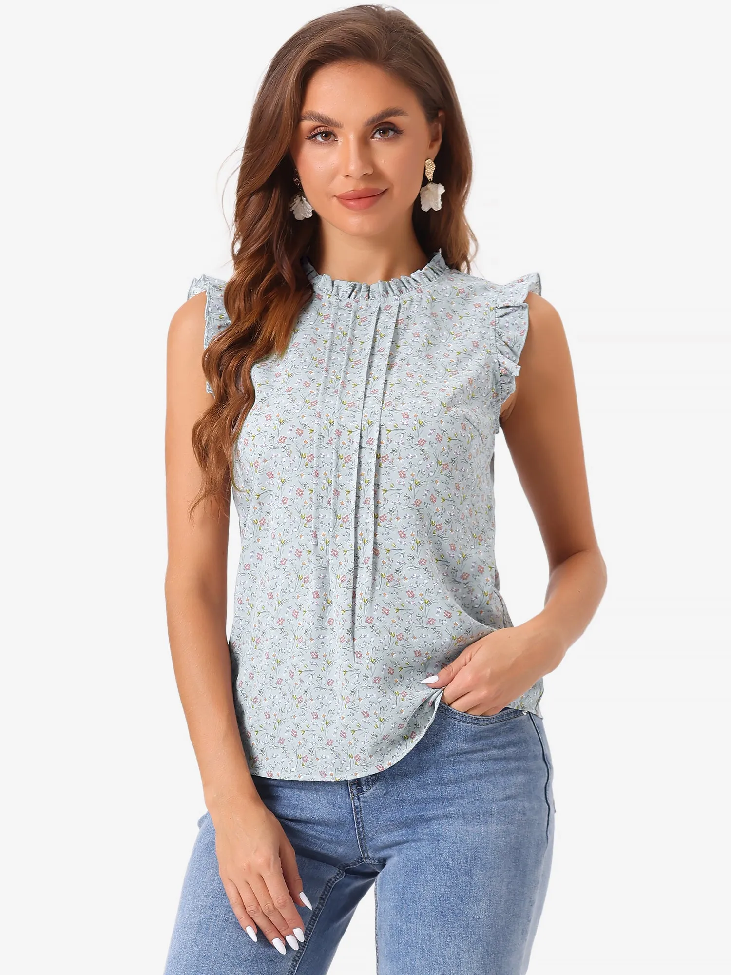 Ruffled Floral Casual 1950s Retro Sleeveless Blouses