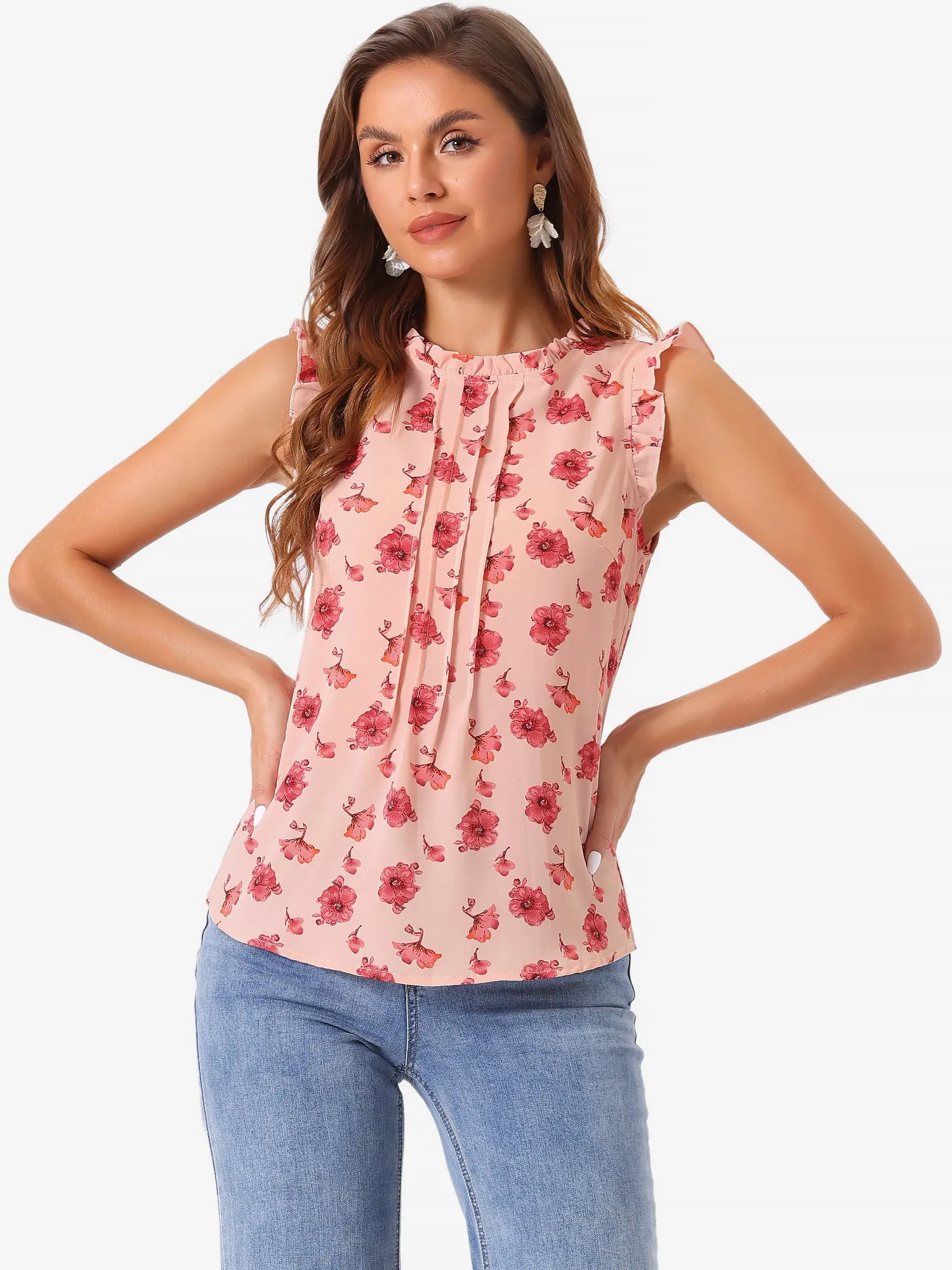 Ruffled Floral Casual 1950s Retro Sleeveless Blouses