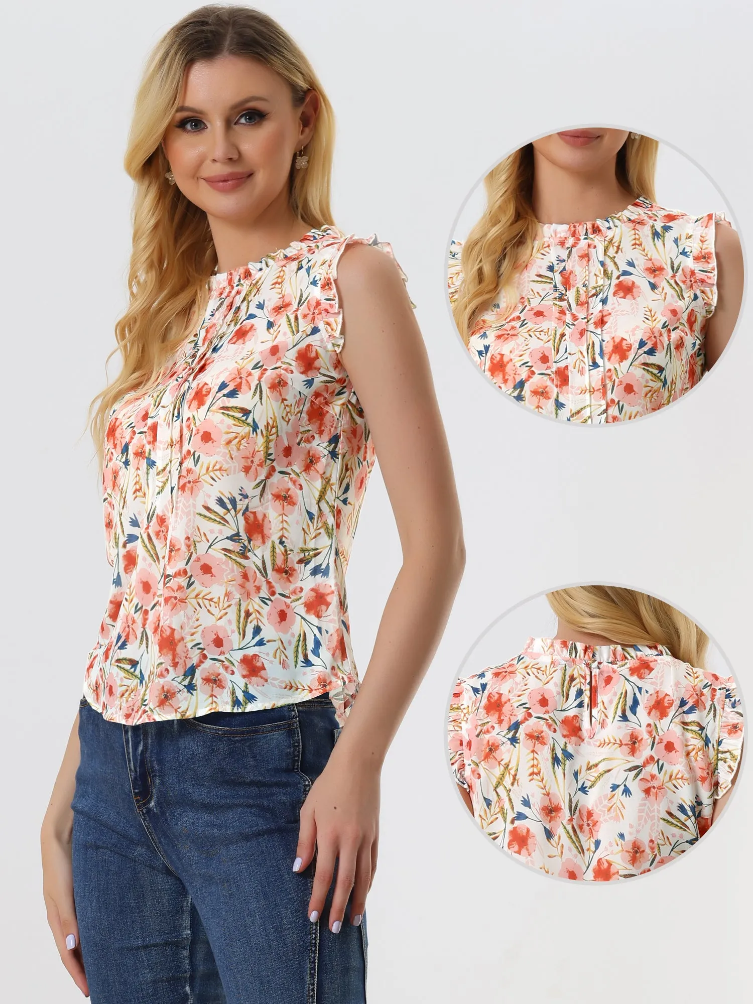 Ruffled Floral Casual 1950s Retro Sleeveless Blouses