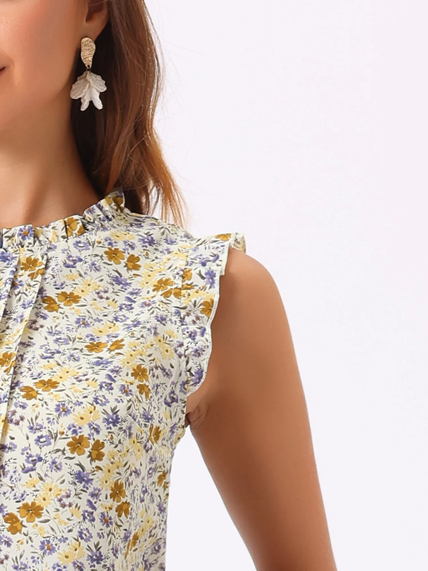 Ruffled Floral Casual 1950s Retro Sleeveless Blouses