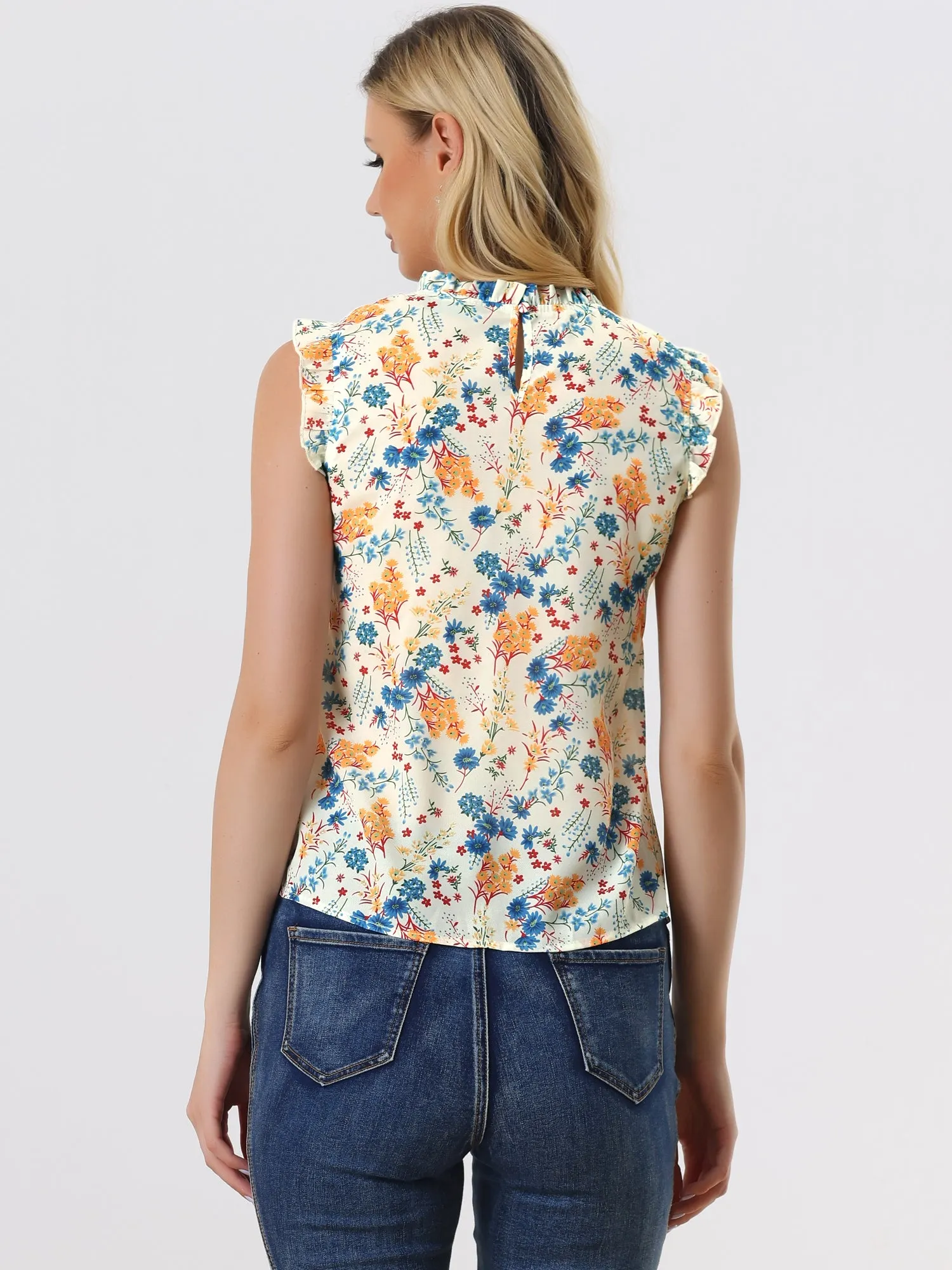 Ruffled Floral Casual 1950s Retro Sleeveless Blouses