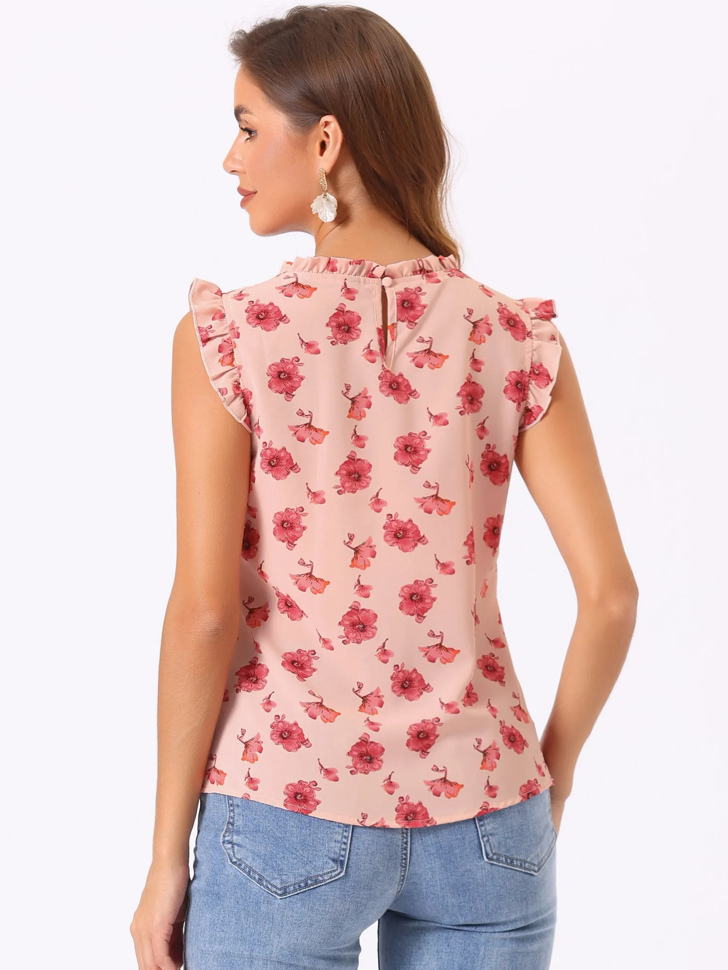 Ruffled Floral Casual 1950s Retro Sleeveless Blouses