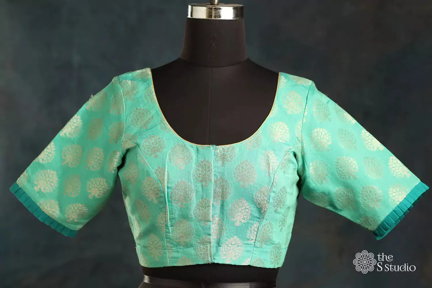 Sea green chanderi silk blouse with tree motifs