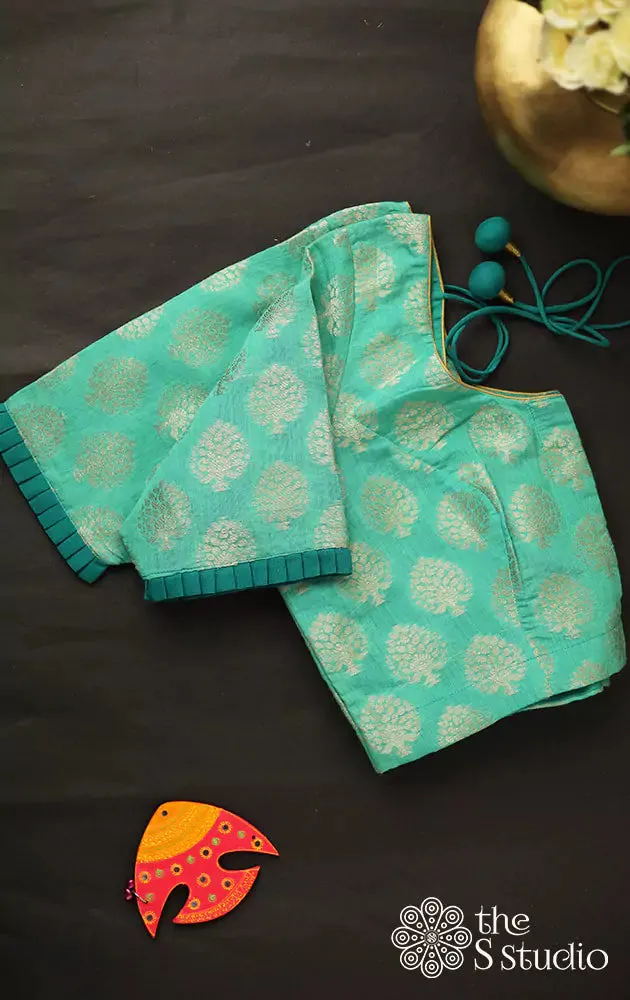 Sea green chanderi silk blouse with tree motifs