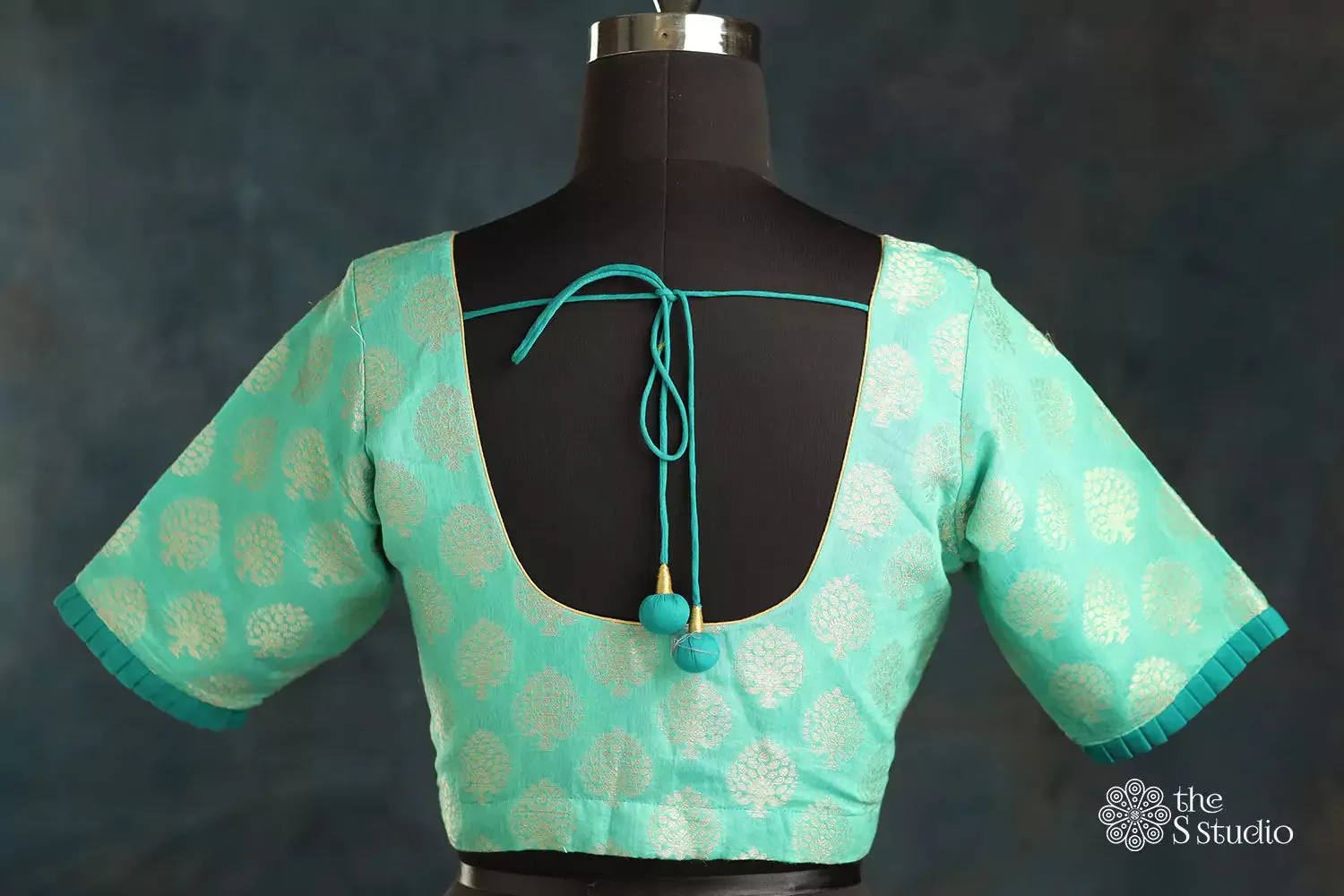 Sea green chanderi silk blouse with tree motifs