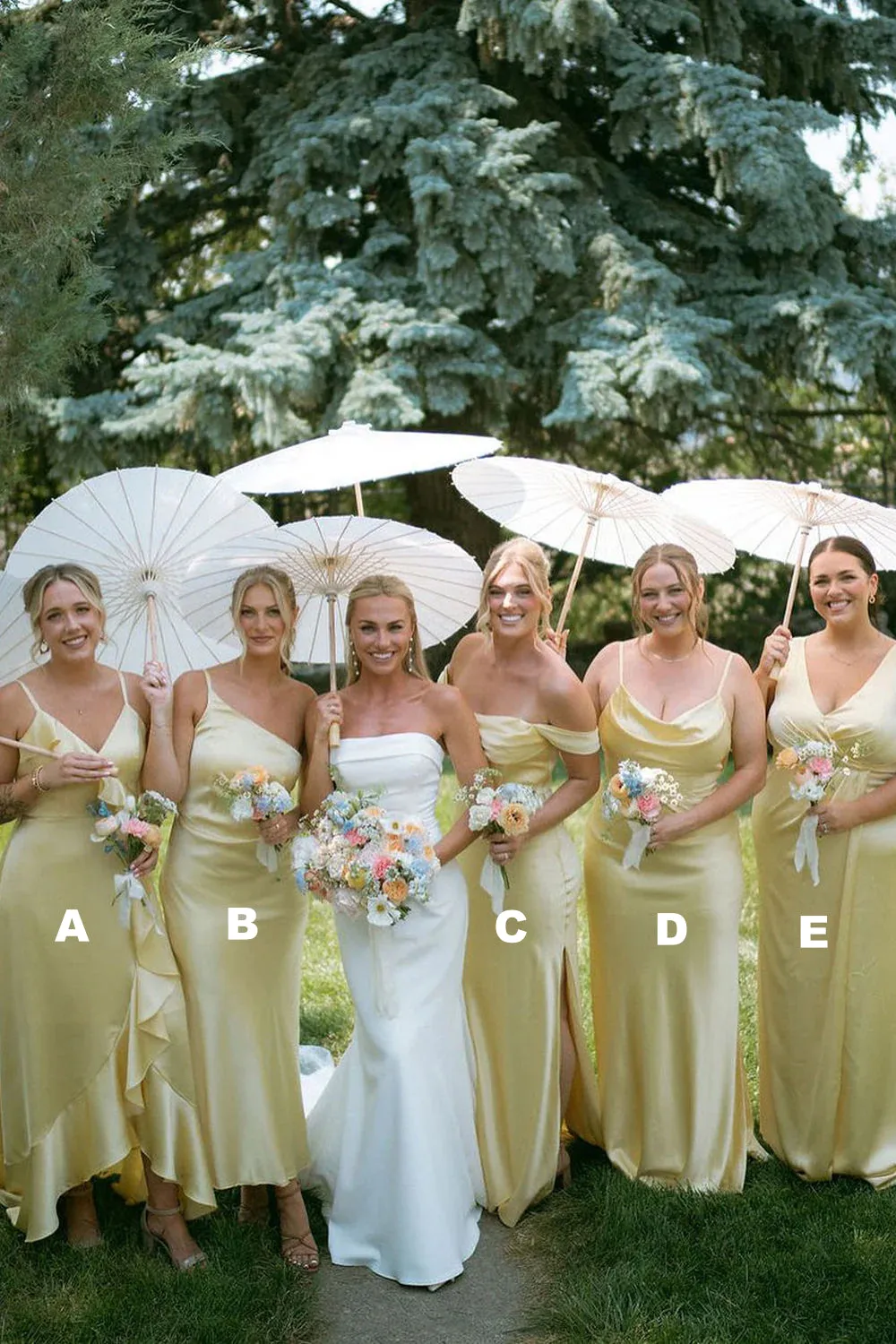 Sheath Silk Satin Yellow Long Bridesmaid Dresses