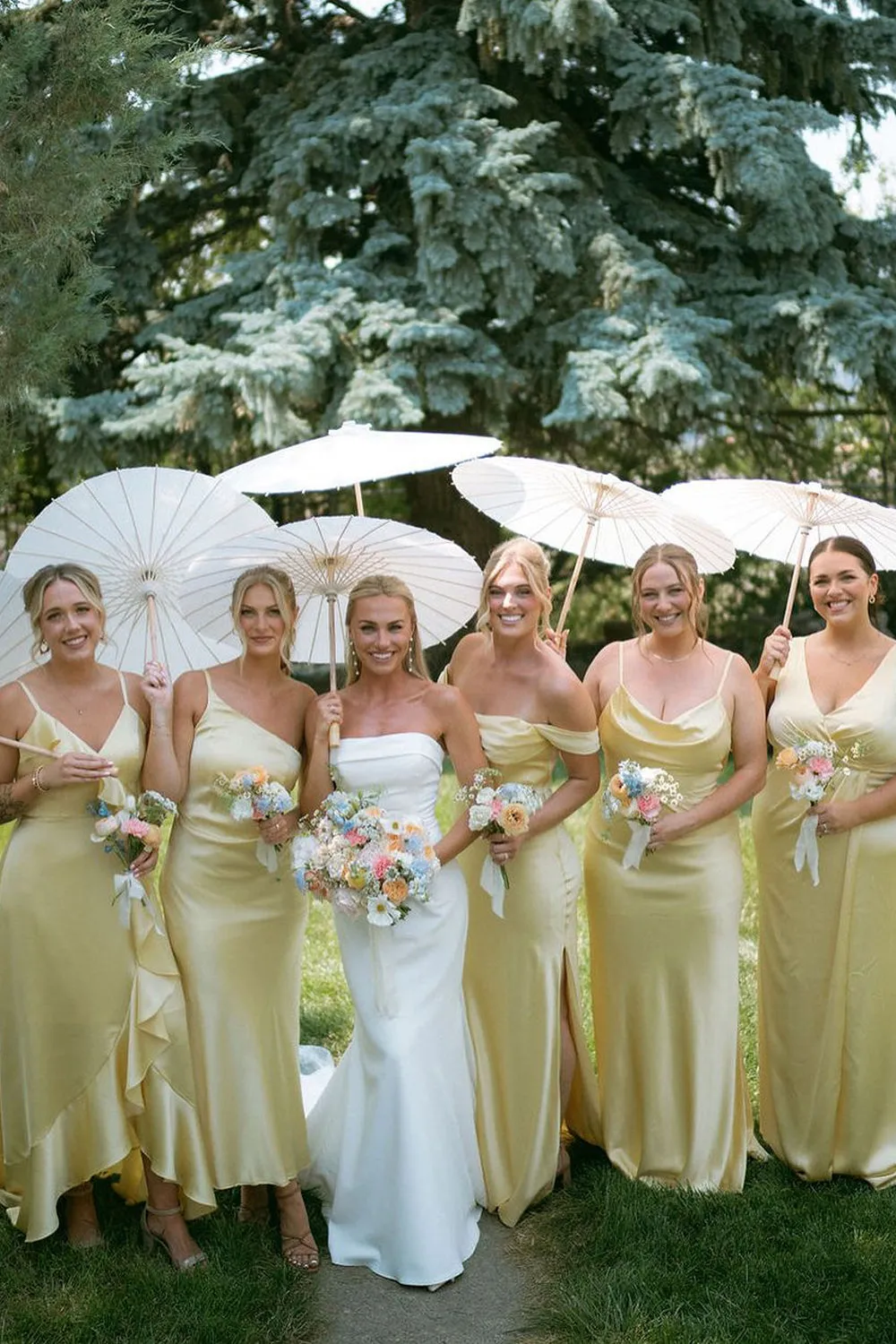 Sheath Silk Satin Yellow Long Bridesmaid Dresses