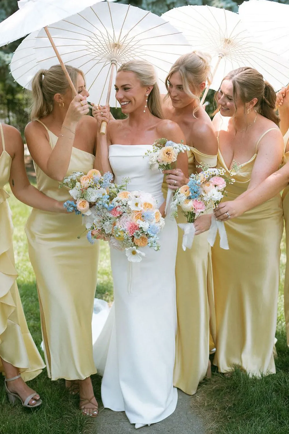 Sheath Silk Satin Yellow Long Bridesmaid Dresses