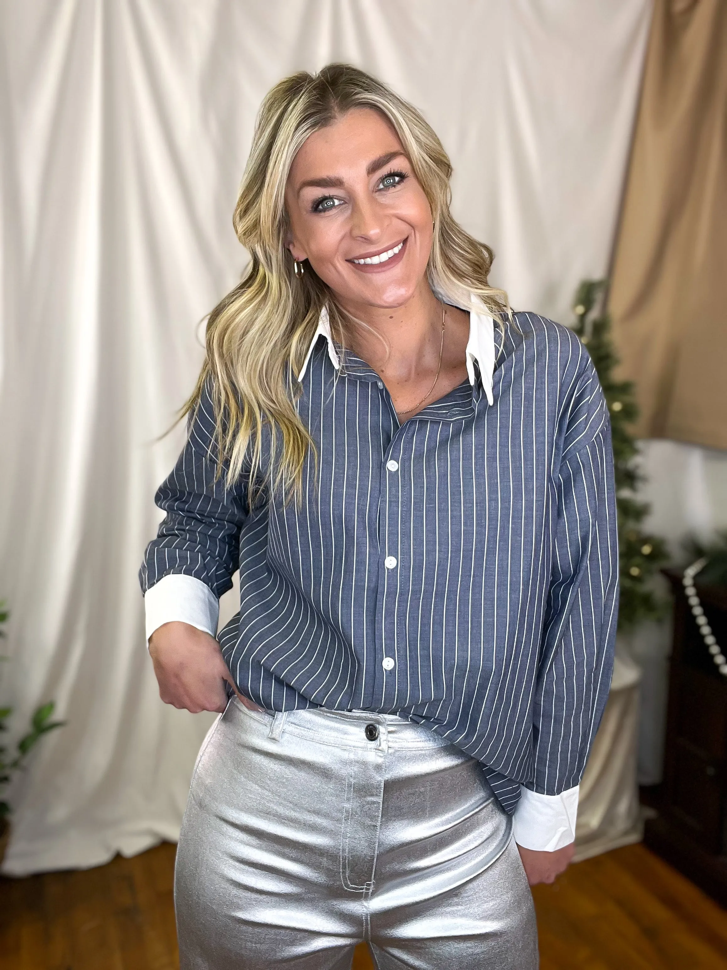 Slate Pinstripe Contrast Collar & Cuff Button Up Top