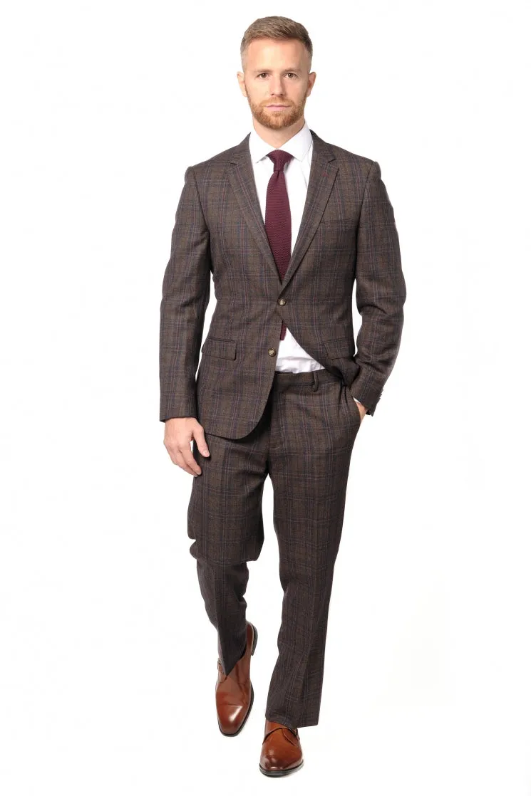 Slim Fit Brown Check Two Piece Suit GB-330