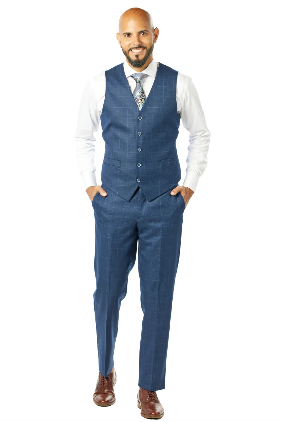 Slim Fit Navy Check Three Piece Suit GB-3P-323