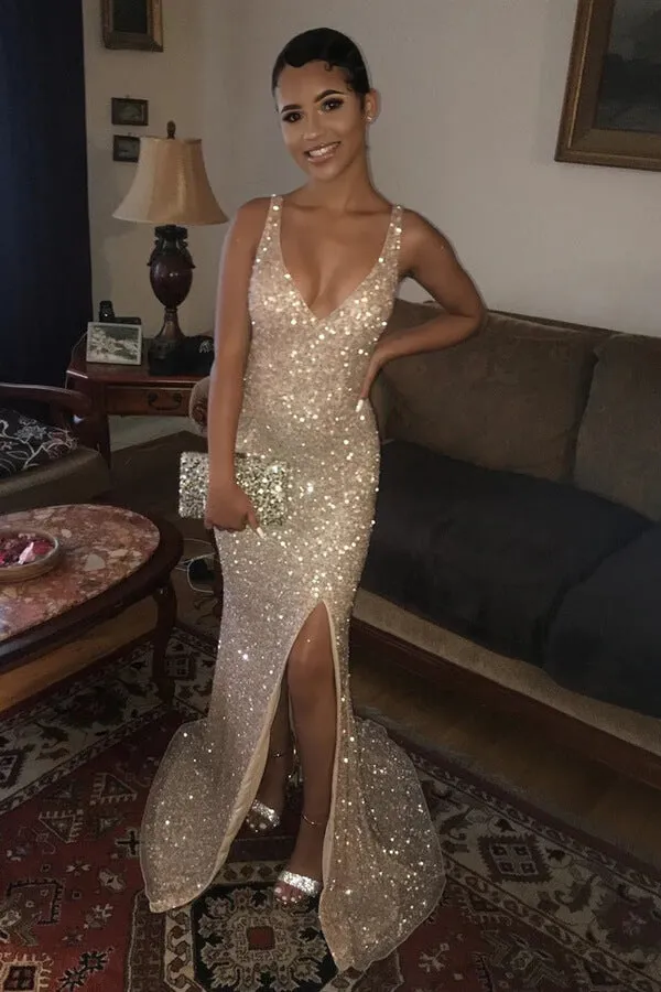 Sparkly Sheath Sequins V-neck Prom Dresses With Slit, Party Dresses, SP906