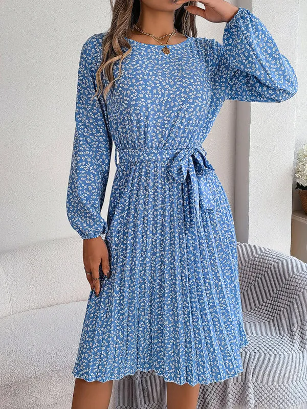 Spring Belted A-Line Dress with Pleats & Long Sleeves in Floral Print