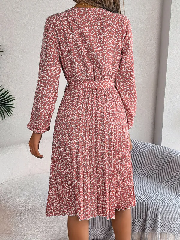 Spring Belted A-Line Dress with Pleats & Long Sleeves in Floral Print