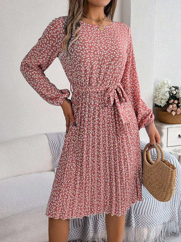 Spring Belted A-Line Dress with Pleats & Long Sleeves in Floral Print