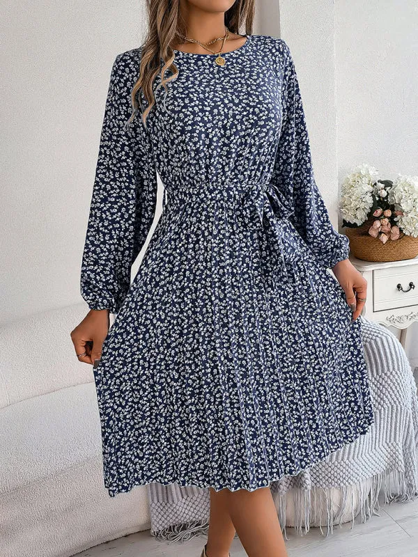 Spring Belted A-Line Dress with Pleats & Long Sleeves in Floral Print