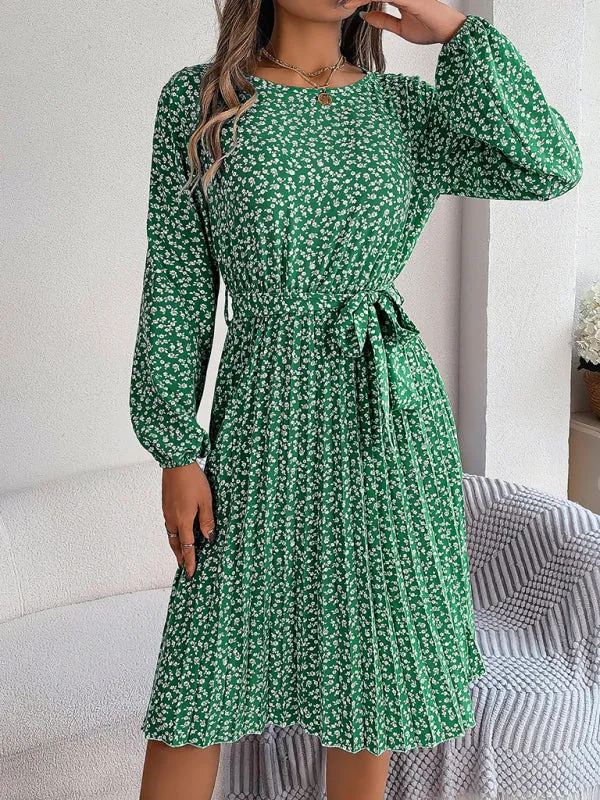 Spring Belted A-Line Dress with Pleats & Long Sleeves in Floral Print