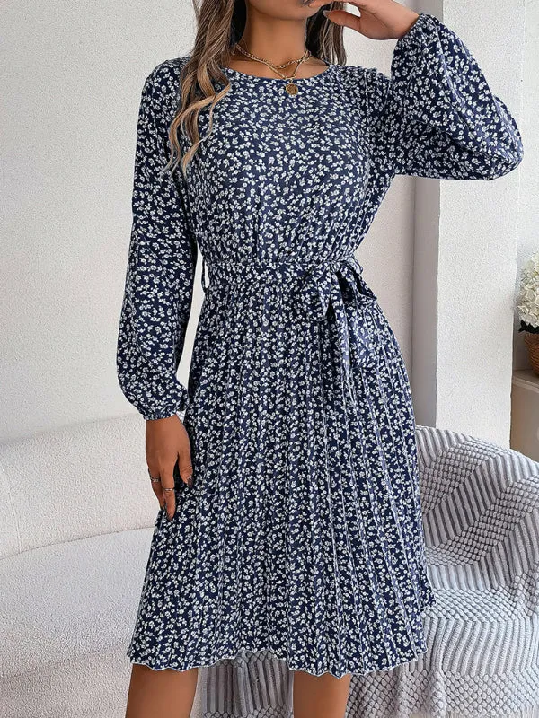 Spring Belted A-Line Dress with Pleats & Long Sleeves in Floral Print