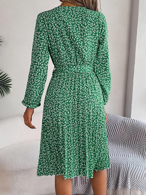 Spring Belted A-Line Dress with Pleats & Long Sleeves in Floral Print