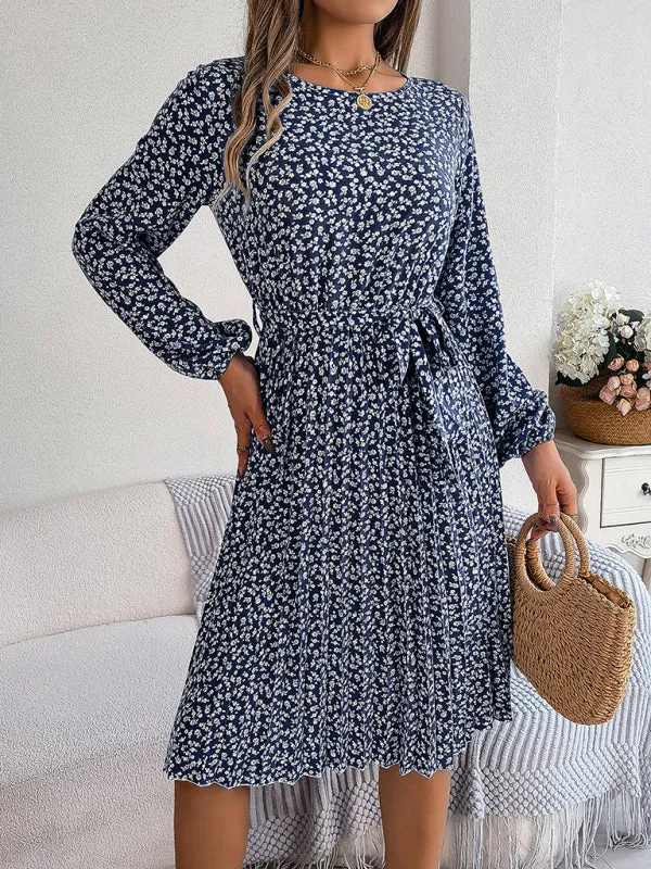 Spring Belted A-Line Dress with Pleats & Long Sleeves in Floral Print