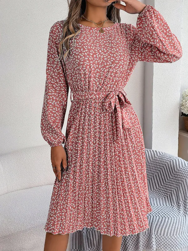 Spring Belted A-Line Dress with Pleats & Long Sleeves in Floral Print