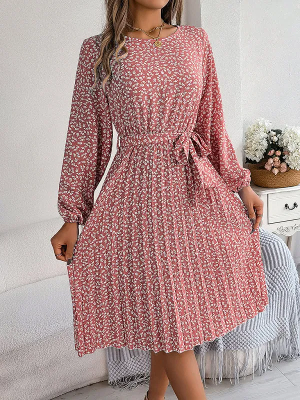 Spring Belted A-Line Dress with Pleats & Long Sleeves in Floral Print