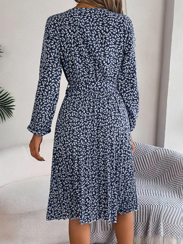 Spring Belted A-Line Dress with Pleats & Long Sleeves in Floral Print