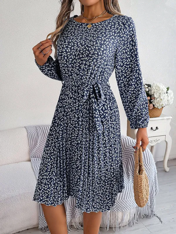 Spring Belted A-Line Dress with Pleats & Long Sleeves in Floral Print