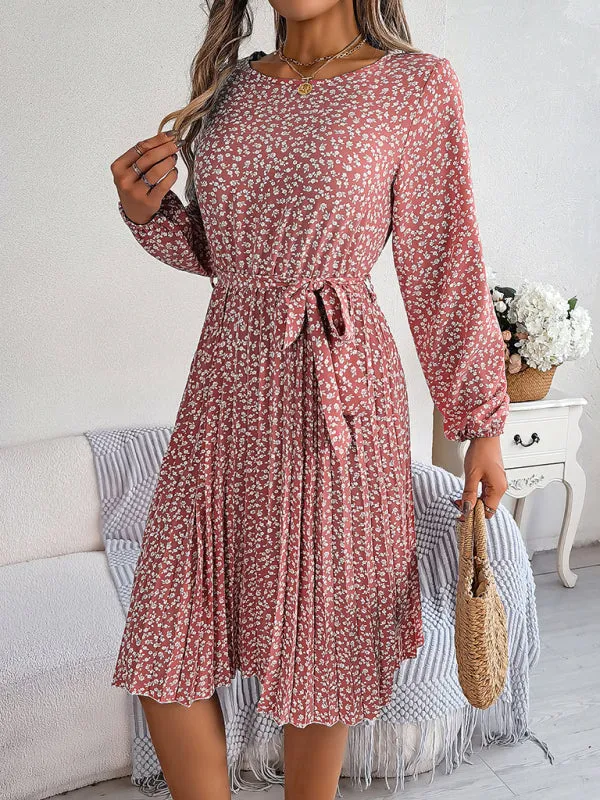 Spring Belted A-Line Dress with Pleats & Long Sleeves in Floral Print