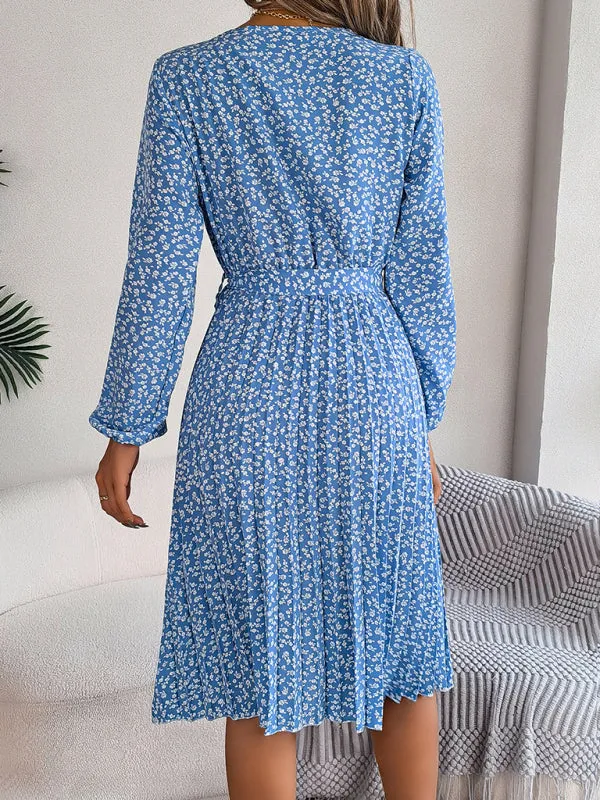 Spring Belted A-Line Dress with Pleats & Long Sleeves in Floral Print