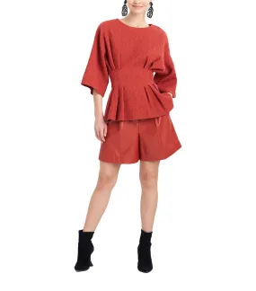 Textured Cotton Jacquard Pleated Peplum Top Paprika