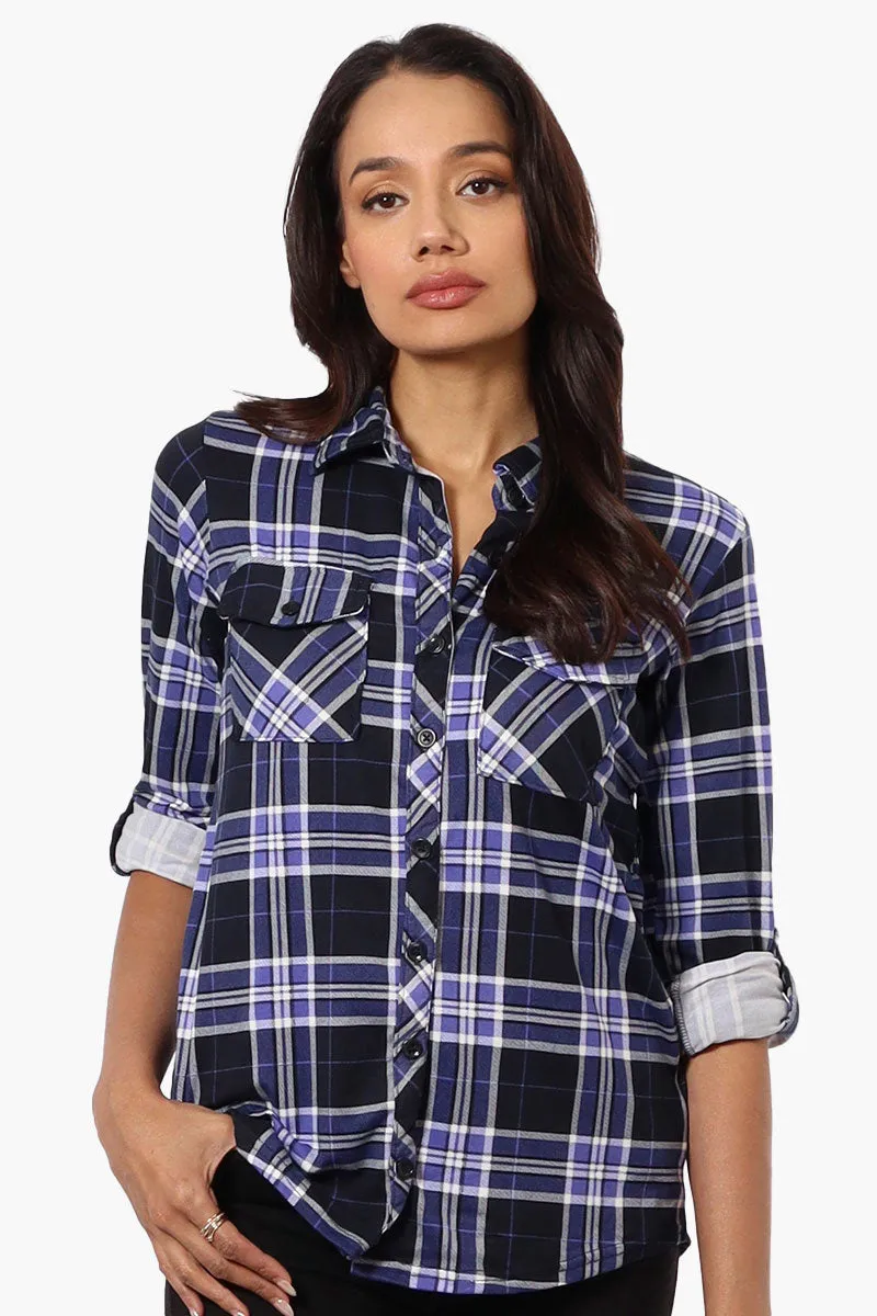 Urbanology Plaid Roll Up Sleeve Button Up Shirt - Navy