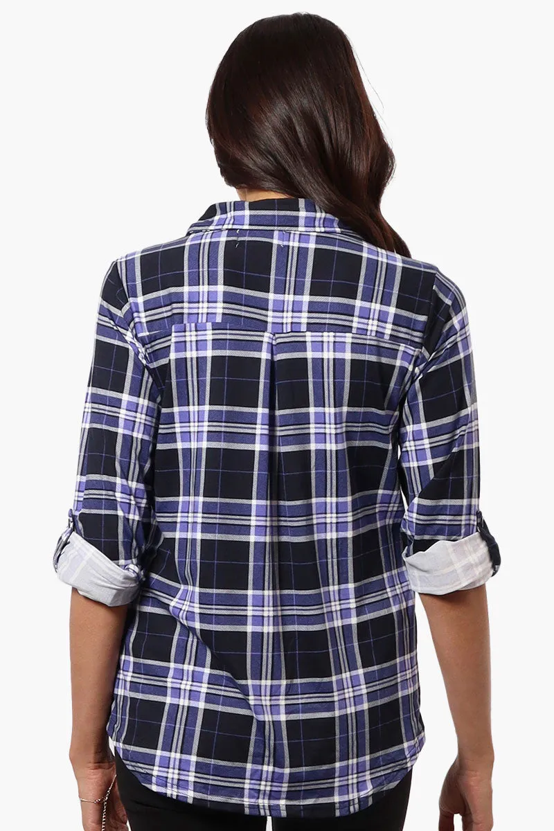 Urbanology Plaid Roll Up Sleeve Button Up Shirt - Navy