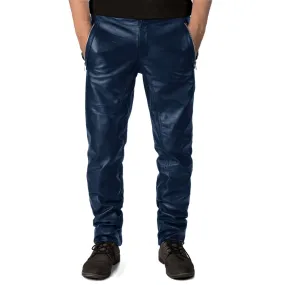 Veyron Men's Blue Slim Fit Leather Pants