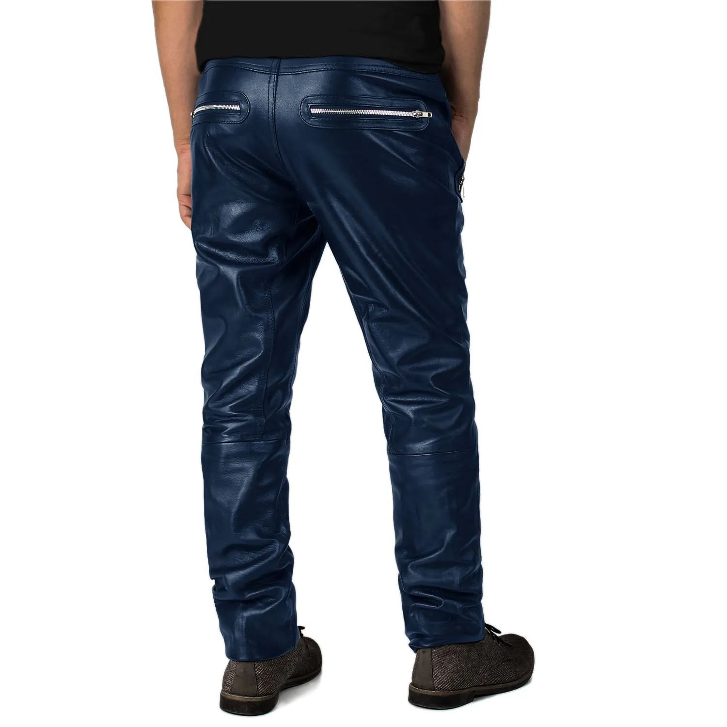 Veyron Men's Blue Slim Fit Leather Pants