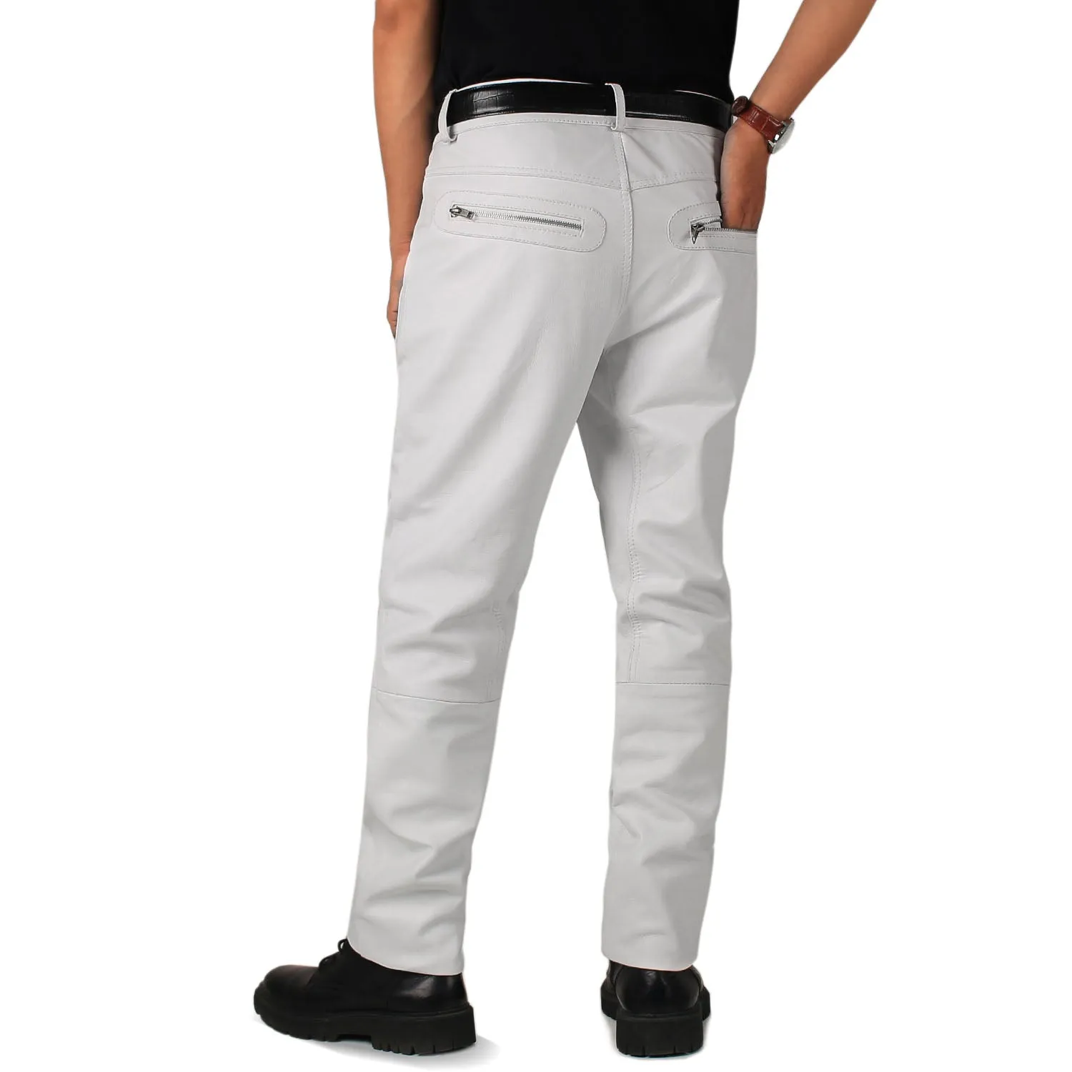 Veyron Men's White Slim Fit Leather Pants