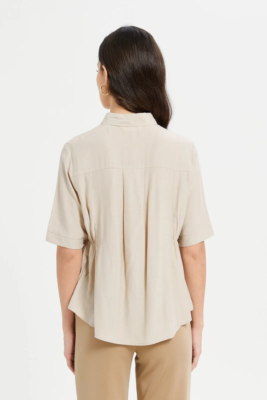 Women Beige Waist Pleated Detailed Shirt