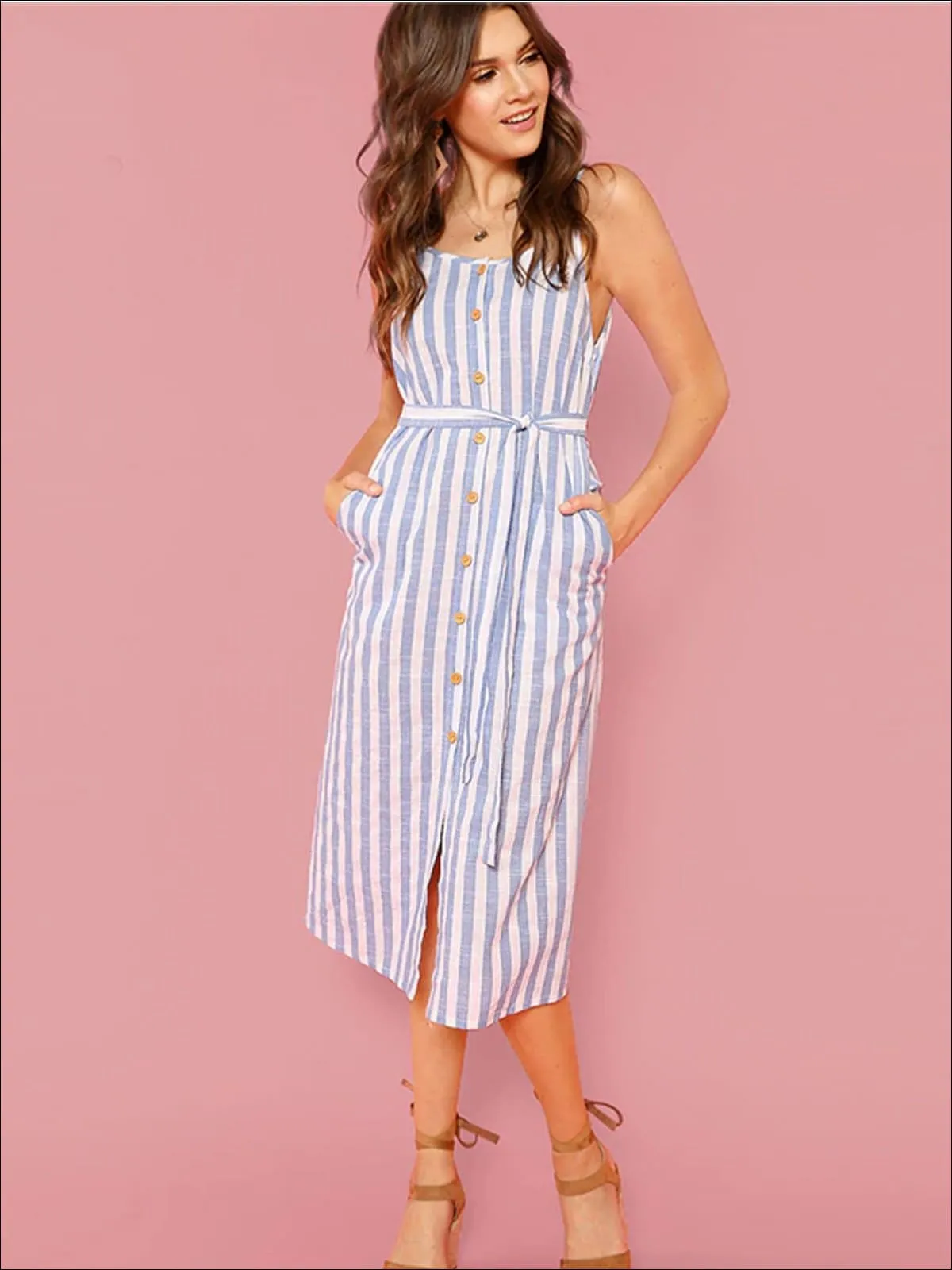 Women's Belted Striped Midi Dress With Side Pockets