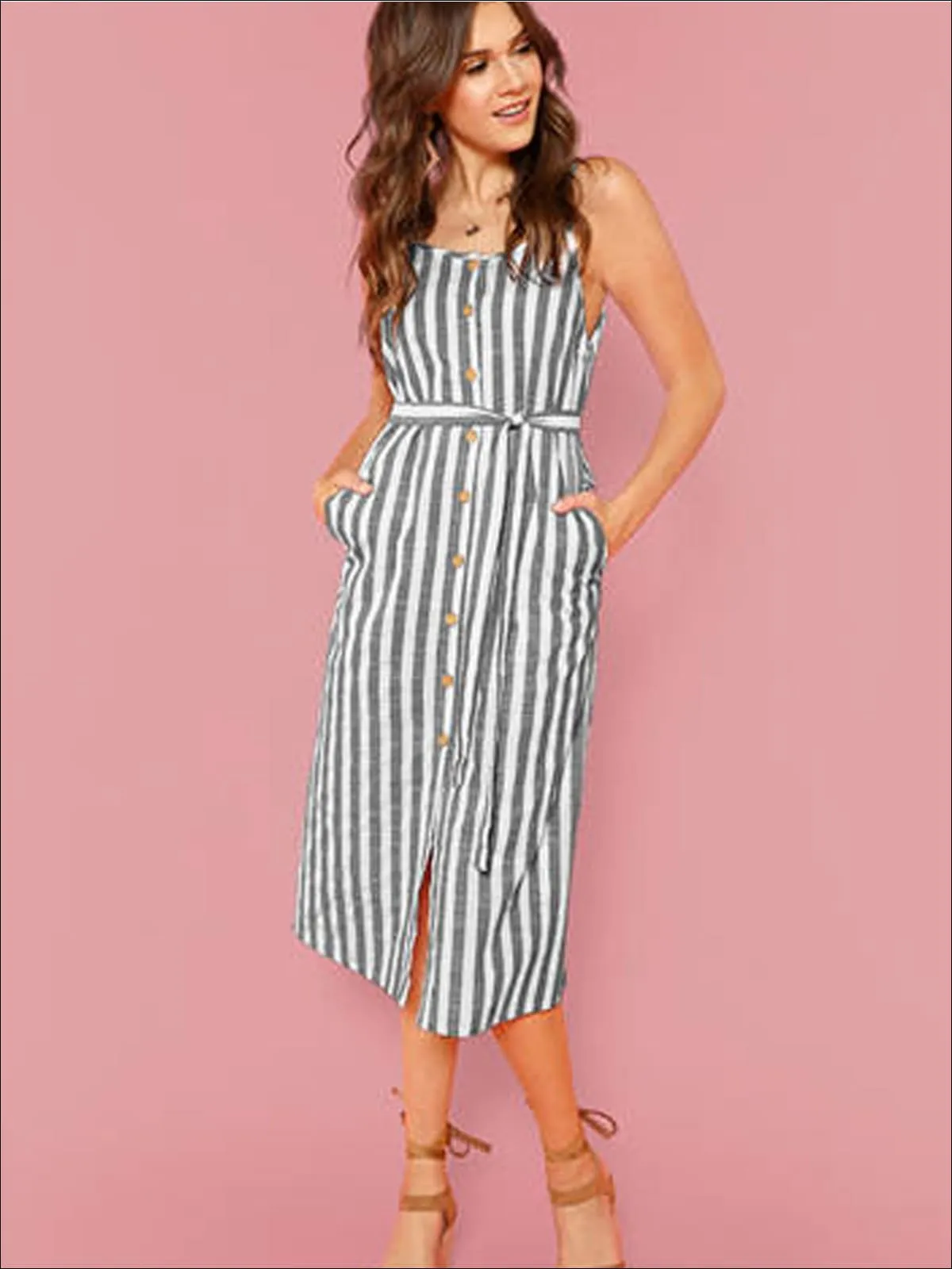 Women's Belted Striped Midi Dress With Side Pockets