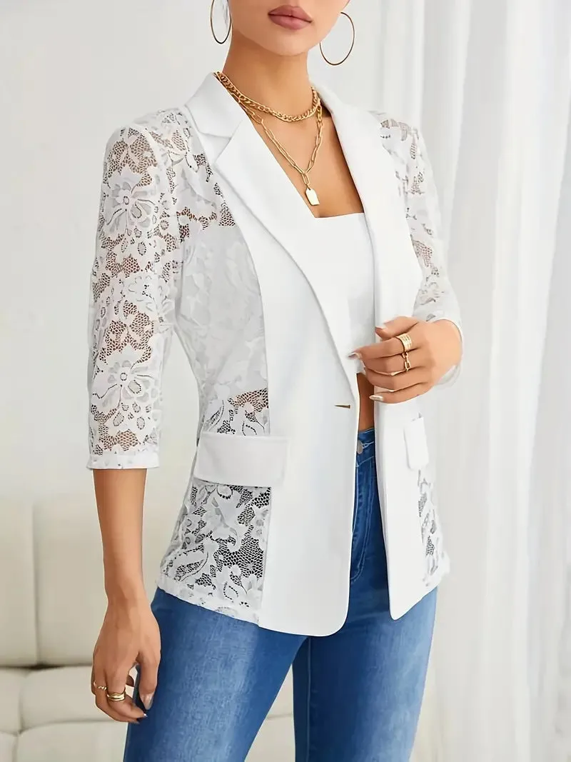 Women's Elegant White Lace Blazer with Notched Lapel | Ideal for All Seasons