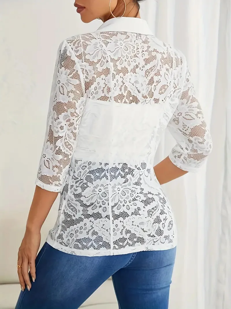 Women's Elegant White Lace Blazer with Notched Lapel | Ideal for All Seasons