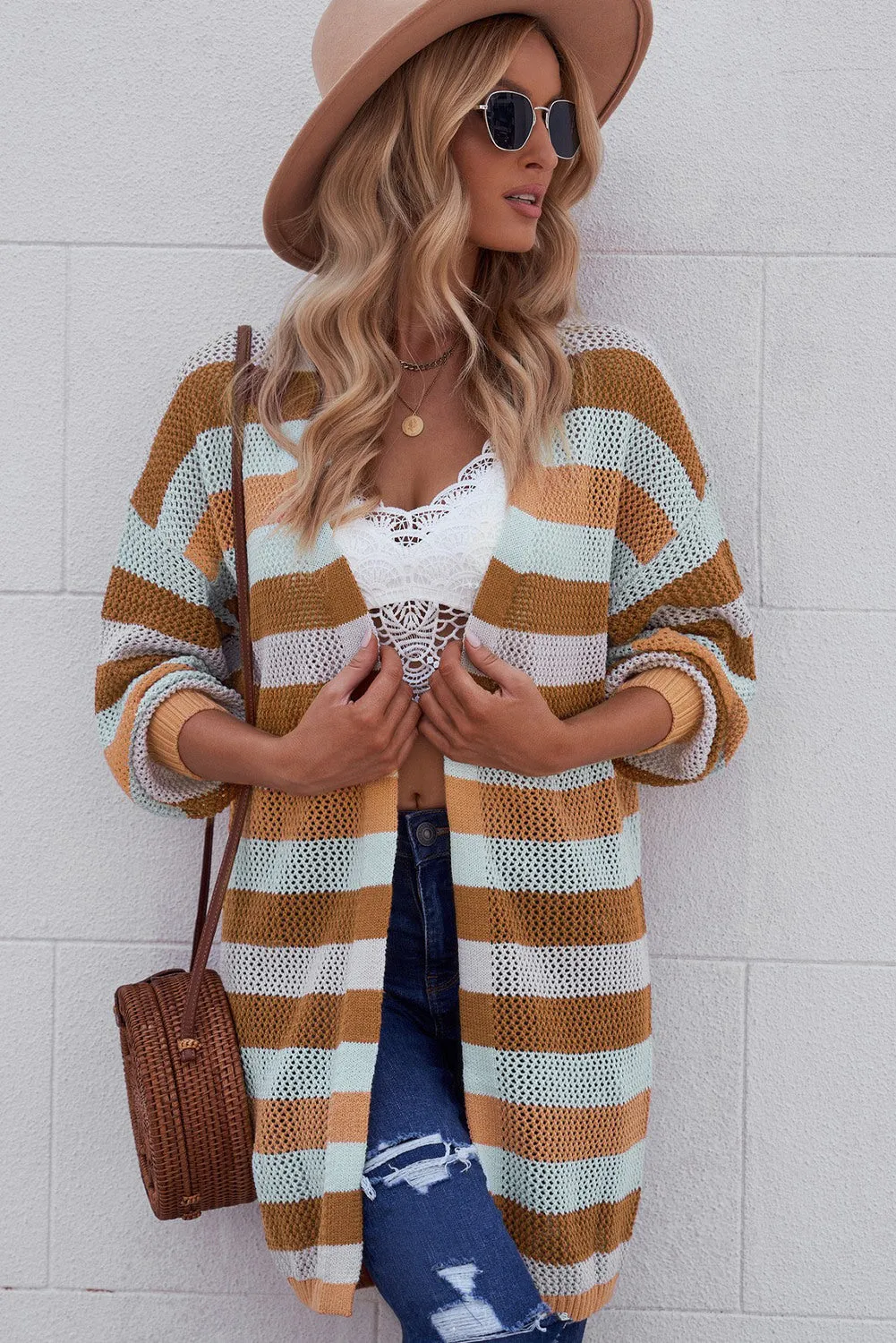 Women's Striped Color Block Hollowed Knit Cardigan