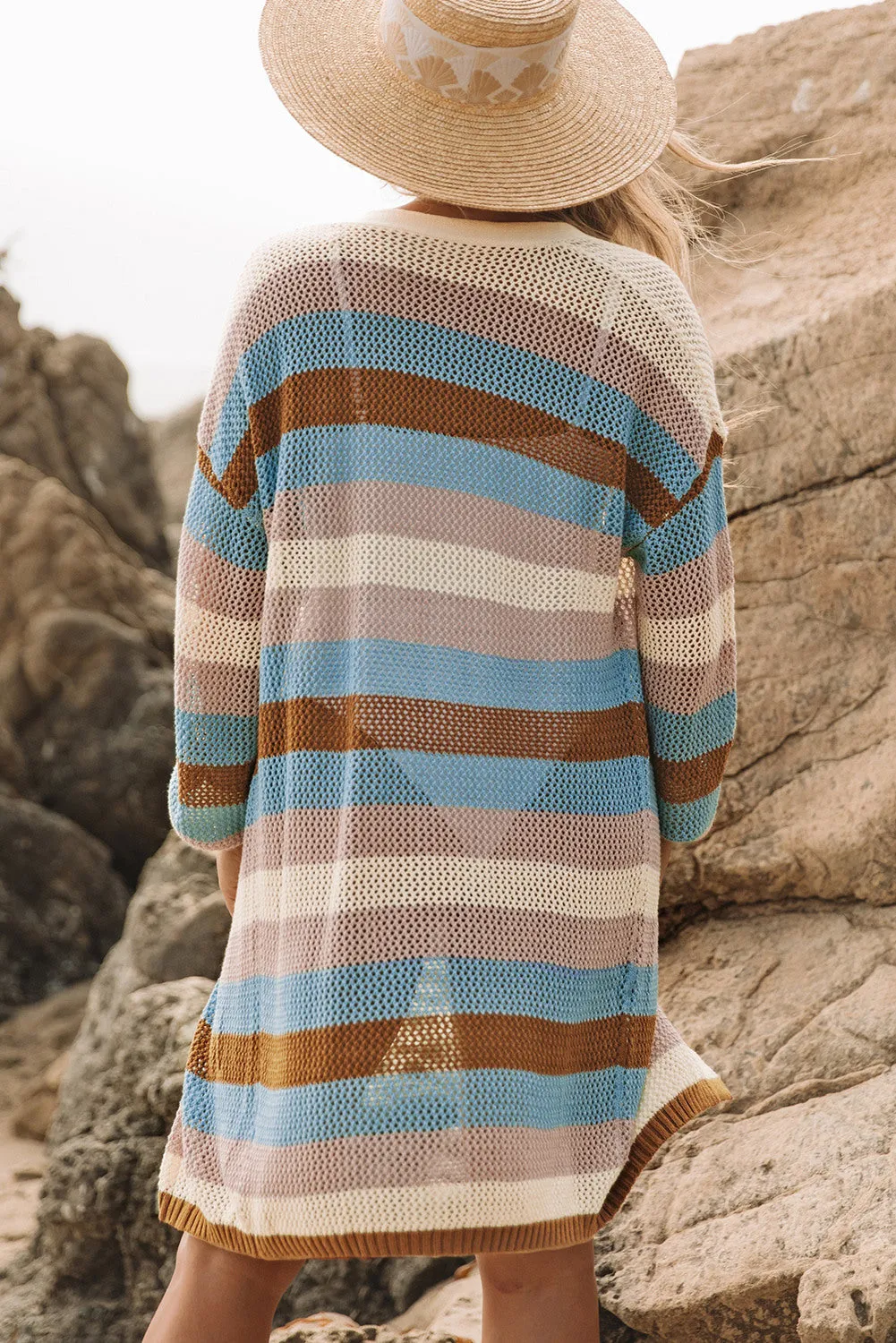 Women's Striped Color Block Hollowed Knit Cardigan