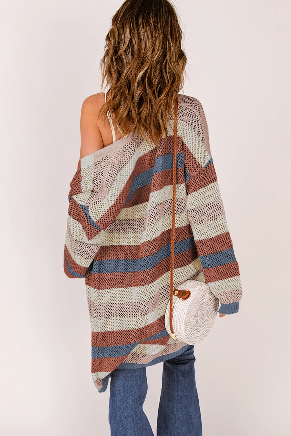 Women's Striped Color Block Hollowed Knit Cardigan